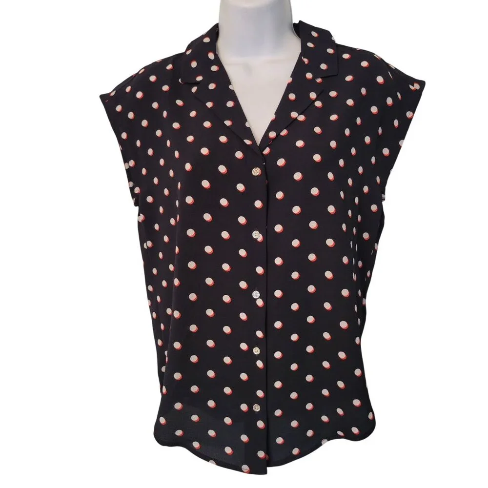 Tommy Hilfiger‎ S Polka Dot Sleeveless Blouse V Neck Camp Shirt
